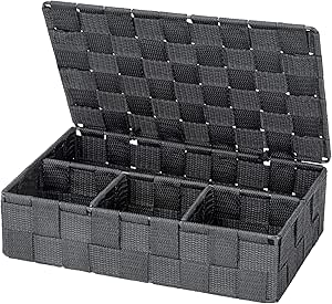 WENKO Cesta para el baño con tapa Adria pequeña, gris oscuro - Cesta para el baño con tapa y 4 compartimentos, Polipropileno, 26 x 7.5 x 17 cm, Gris oscuro