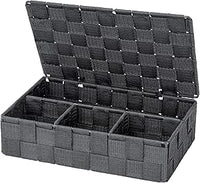 WENKO Cesta para el baño con tapa Adria pequeña, gris oscuro - Cesta para el baño con tapa y 4 compartimentos, Polipropileno, 26 x 7.5 x 17 cm, Gris oscuro