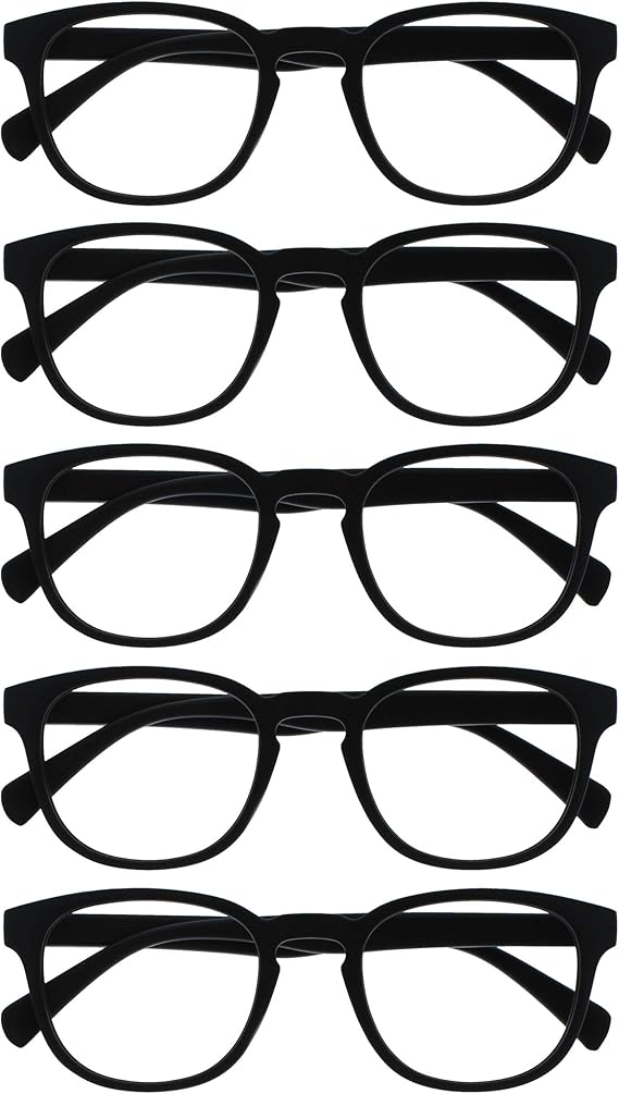 OPULIZE Pop Gafas de Lectura Pack de 5 Redondas Negro Mate Satinado Bisagras con Muelle Resistentes a los Arañazos Hombre Mujer RRRRR2-1 +1.00
