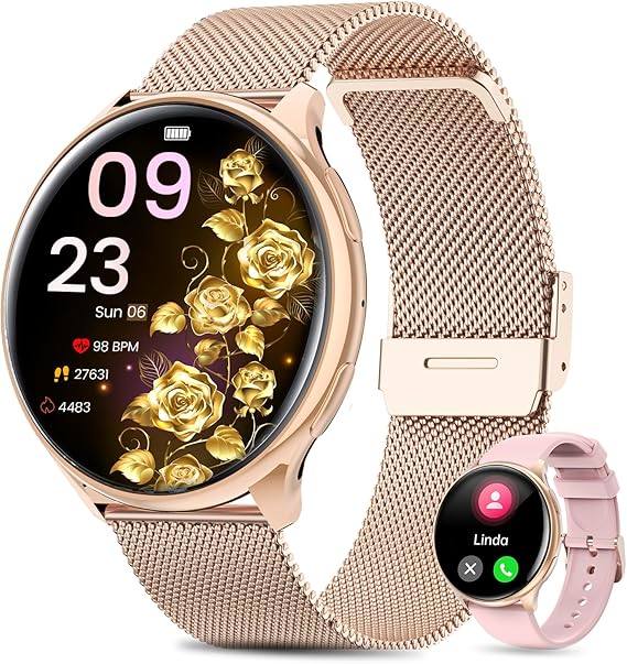 QEYUMYEU 2025 Reloj Inteligente Mujer con ET/HRV/SIRI - 1.39" TFT Smart Watch con Llamadas Bluetooth Monitor de Sueño IP68 Fitness Tracker Ciclo Menstrual SpO2 Pulsómetro para iOS & Android (Oro)