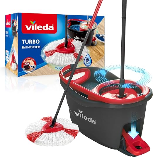 Vileda Turbo - Set de fregado con Cubo con Pedal - Palo telescópico 85-123 cm - Sistema de fregado de Suelos con escrruido Giratorio- Recambio de Microfibra 2 en 1 - Recambio sostenible
