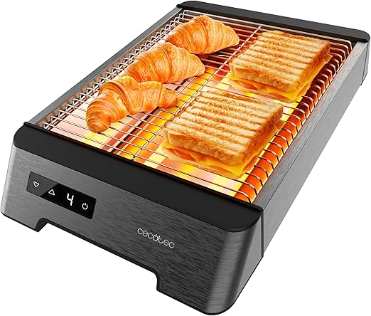 Cecotec Tostadora Pan Horizontal Tostador Plano 3 Resistencias Táctil NiceSlice Touch. 1000W, Todo Tipo de Pan o Bollería, Resistencias de Cuarzo, Acabados en Acero Inoxidable, 6 Niveles de Tostado