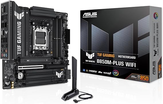 ASUS TUF Gaming B850M-PLUS WiFi - Placa Base AMD mATX, 14+2+1 etapas de alimentación DrMOS 80A, DDR5, PCIe 5.0, 3 Ranuras M.2, WiFi 6E, Realtek 2.5Gb Ethernet, DisplayPort, HDMI, Aura Sync