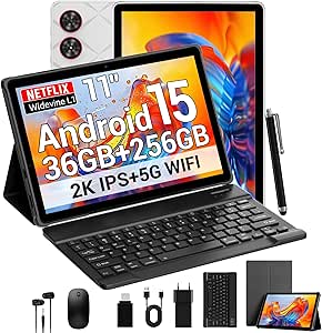 SADSYMB 2026 Newest 2K Tablet 11 Pulgadas con Android 15, Octa-Core, 36GB RAM+256GB ROM (1TB TF), 5G WiFi, 2000 x 1200 Incell, Widevine L1/8000mAh/13MP+8MP/GPS, Tablet con Teclado+Ratón(Gris)