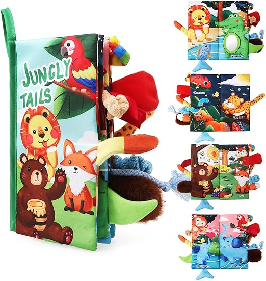 JoyPlus Libros Bebes 0-12 Meses, Libros de Tela Suave para Bebés con Espejo, Libro Interactivo Texturas Bebe, Animales Libro Sensorial Suave de Actividades para Bebé Recien Nacido (Mundo de la Selva)
