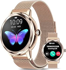 2024 Smartwatch mujer efectuación/respuesta de llamadas, 1.2" esfera diamantada redonda pequeño elegante reloj fitness con correa metal SpO2/24H frecuencia cardíaca/sueño 123 deportivas, oro rosa