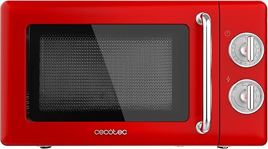 Cecotec Microondas Mecánico con Grill de 20 L Proclean 3110 Retro Red. 700 W en 6 Niveles, Temporizador hasta 30 Minutos, Modo Descongelación, Diseño Vintage en Rojo, Acabados en Acero