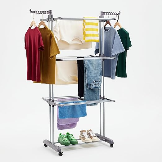Amazon Basics Tendedero tipo torre, para interior, con alas plegables, Plateado, 4-niveles, 126 x 64 x 173 cm (L x W x H)
