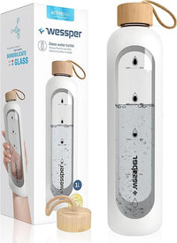 Thumbnail for Wessper Botella de cristal de 1 L con marcas de tiempo, sin BPA, motivación para beber, botella de agua de borosilicato, hermética con tapa de bambú, reutilizable, con funda de silicona, color blanco
