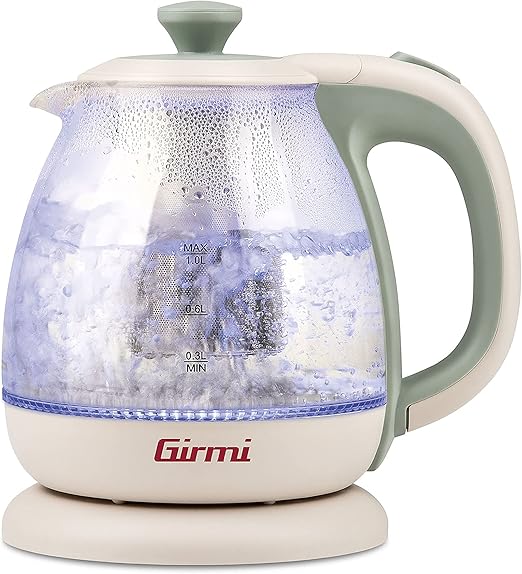 Girmi BL41 Hervidor y Tetera de Vidrio, 1100 W, Filtro Desmontable de Acero Inoxidable, Resistencia de Seguridad, Base Giratoria 360°, Inalámbrico, 1 Litro, Verde Agua