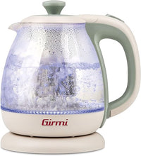 Girmi BL41 Hervidor y Tetera de Vidrio, 1100 W, Filtro Desmontable de Acero Inoxidable, Resistencia de Seguridad, Base Giratoria 360°, Inalámbrico, 1 Litro, Verde Agua
