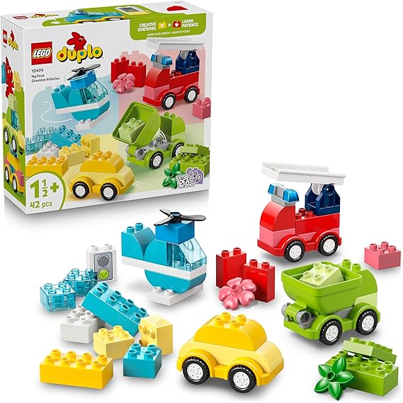 LEGO Duplo Vehículos Creativos - Juego Educativo para la Motricidad Fina - Coches, Camión de Bomberos, Helicóptero y Camiones de Juguete - Regalo de Cumpleaños para Niños y Niñas de 1+ Años - 10474