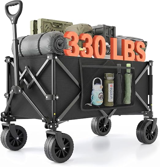 Morpilot Plegable 220L / 150 kg, Ruedas Todoterreno para Césped, Asa Ajustable, Fácil de Plegar, Cabe en Maletero, Carro para Camping, Compras y Jardín, Negro