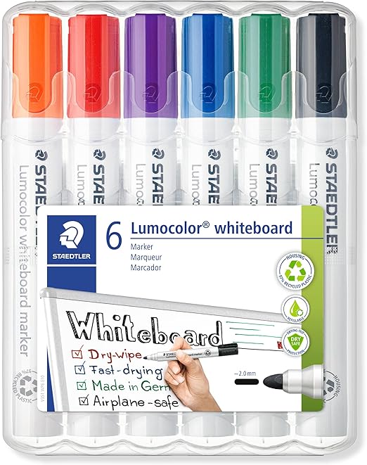 Staedtler 351 WP6 - Rotuladores para pizarra blanca Lumocolor, inodoro, secado rápido y recargable, paquete de 6 colores Surtido