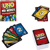 Mattel Games Juego de cartas UNO No Mercy Juego de mesa familiar con cartas nuevas, reglas especiales y penalizaciones más despiadadas, +7 años (HWV18)