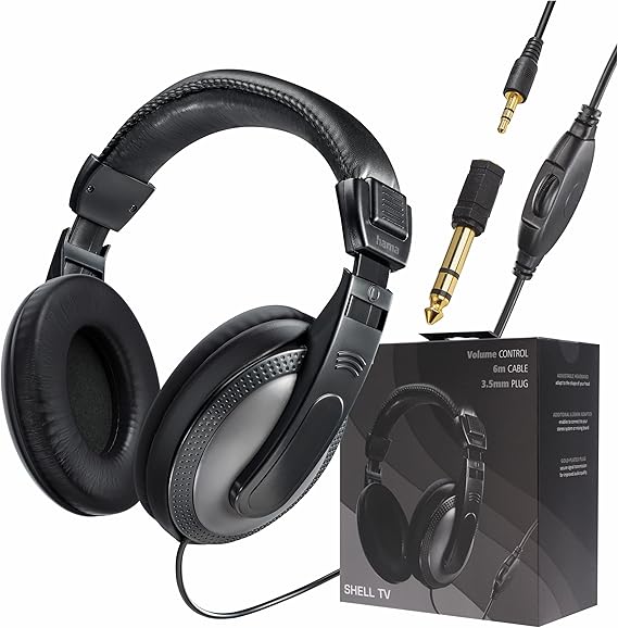 Hama | Auriculares de Diadema con Cable (Auriculares con Cable,Cable Largo de 6m, con Conector Jack 3.5mm y 6.35mm, Auriculares Música, Auriculares TV) Color Negro