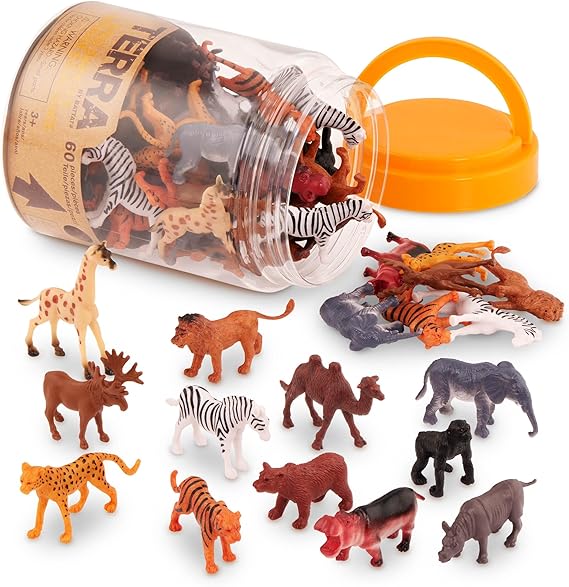 Terra 60-teilig Tierfiguren Sammlung Wildtiere Spielzeug Set – Löwe, Tiger, Zebra, Nilpferd, Elefant, Elch, Kamel und mehr – ab 3 Jahren, 2"