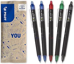 PILOT - Caja de 5 FriXion Point Clicker 0,5 - Bolígrafo Retráctil de Tinta Termosensible Borrable - Bolígrafo Recargable - 1 Negro, 2 Azul, 1 Rojo, 1 Verde - Punta Fina