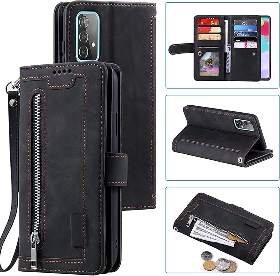 EYZUTAK Handyhülle für Samsung Galaxy A53 5G Hülle,Flip Case Lederhülle Reißverschluss Magnetverschluss Brieftasche mit 9 Kartenfächern Standfuntion Retro Matt Ledertasche-Schwarz