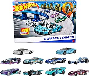 Hot Wheels Pack 10 Coches de Carreras de Juguete (Modelos Surtidos, selección aleatoria), Escala 1:64, Incluye 1 Corvette Greenwood, 1 Lamborghini Centenario Roadster y 1 McLaren Speedtail, HYM96