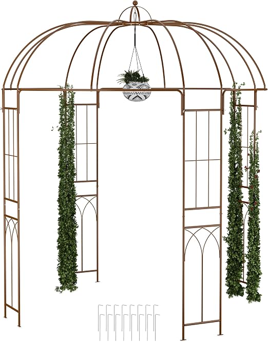 Relaxdays Arco Jardín Metal, 269x211x211 cm, Soporte Enredaderas y Rosas, Plantas Trepadoras, Tutor con Ganchos, Bronce