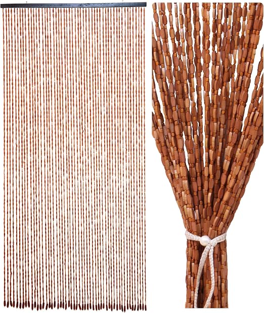 Cortina de perlas de madera 90 x 195 cm – 52 hebras marrón, hecha a mano, natural y retro – protección contra insectos para dormitorio y caravana