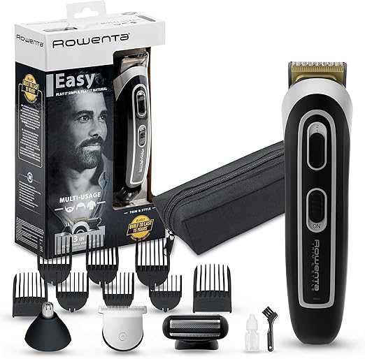 Rowenta multiaccesorios Trim & Style Easy 13 en 1 TN9140 Cuchillas autoafilables titanio para cabello y barba, afeitadora corporal, uso inalámbrico, autonomía de 120 min, resistentes al agua