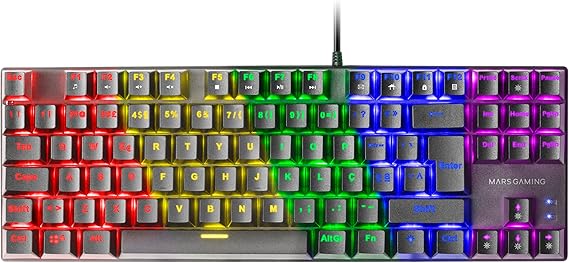 Mars Gaming MK80, Teclado Gaming Mecánico TKL Compacto con Switch Rojo, Iluminación Rainbow RGB, Teclas Doble Inyección, Modo Juego y Anti-Ghosting, Multiplataforma, Idioma Portugués, Negro
