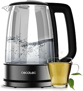 Cecotec Hervidor Eléctrico de Agua de 1,7 L ThermoSense 340 Clear. 2200W, Cuerpo de Vidrio de Borosilicato, Indicador Luminoso, Base con Giro 360º, Sistema de Seguridad