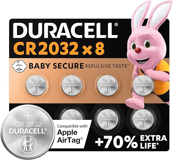 Duracell CR2032 pilas de botón de litio 3 V (paquete de 8) - Hasta un 70 % extra duración - Tecnología Baby Secure - Para Apple AirTag, llaves remotas, dispositivos domésticos, deportivos y médicos