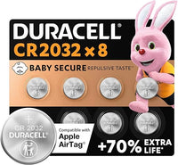 Duracell CR2032 pilas de botón de litio 3 V (paquete de 8) - Hasta un 70 % extra duración - Tecnología Baby Secure - Para Apple AirTag, llaves remotas, dispositivos domésticos, deportivos y médicos