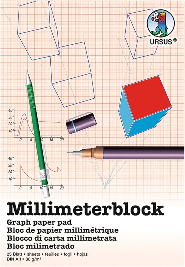 Ursus 7074000 - Bloc de Hojas A3, 80 g/m², 25 Hojas, cuadrícula de 1 mm, impresión en Rojo, con Rejilla, de Papel Blanco sin celulosa, Ideal para Dibujos técnicos