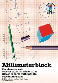 Thumbnail for Ursus 7074000 - Bloc de Hojas A3, 80 g/m², 25 Hojas, cuadrícula de 1 mm, impresión en Rojo, con Rejilla, de Papel Blanco sin celulosa, Ideal para Dibujos técnicos