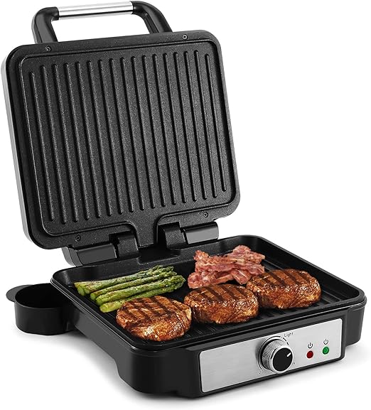 YASHE Grill Sandwichera Plancha, Parrilla Eléctrica con Placas Recubiertas Antiadherentes, Control de Temperatura, Luz Indicadora, Apertura a 180 Grados, Bandeja de Goteo Removible, 1800W, Negro
