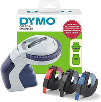 DYMO rotuladora de estampación con tres cintas de etiquetas | Kit de iniciación de rotuladora de estampación Omega | Diseño pequeño, ergonómico y con sistema de giro y clic | €, Ñ, Å, Æ y Ø