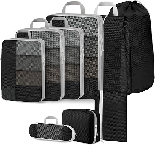 Avmvnvc Organizador de Maleta, 9 piezas Compression Packing Cubes, Bolsas Organizadoras Maleta, Organizadores Maletas de Viaje, Organizador de Equipaje Para Ropa, Ropa Interior, Cosméticos, Negro