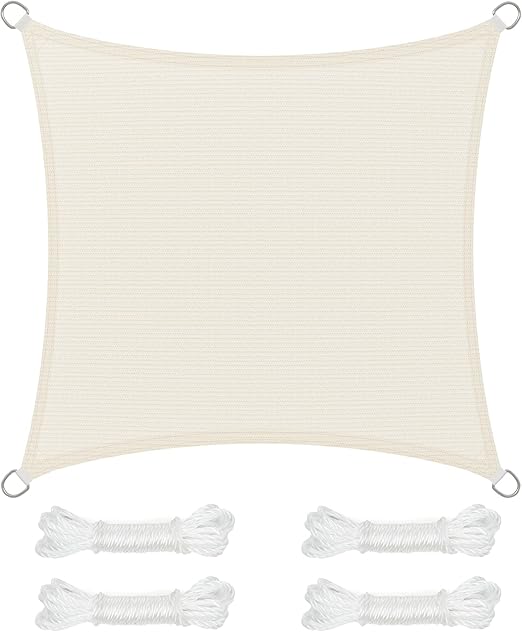 SONGMICS Vela de Sombra de 5 x 5 m, Tejido HDPE de Protección Solar, Transpirable, Permeable al Agua, Terraza, Jardín, Balcón, Camping, Cuadrada, Cóncava, Cuerdas de 2 m, Beige GSS55IV
