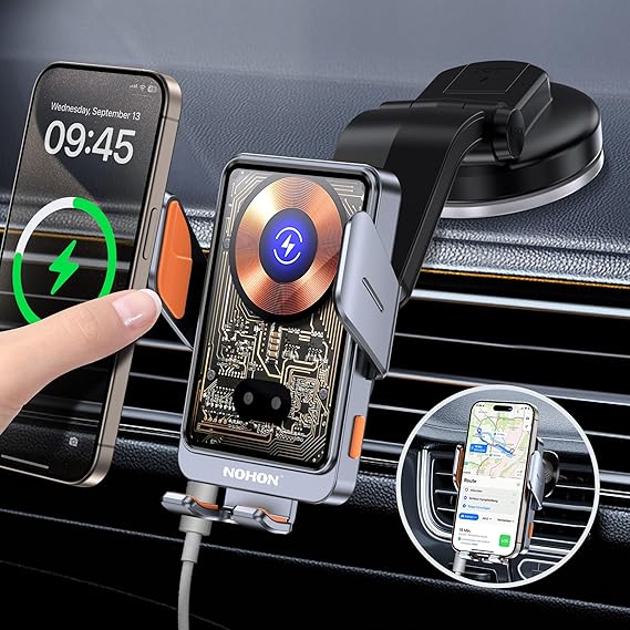 NOHON Qi Cargador Inalambrico Coche：15W Soporte Movil Coche Cargador Sujeción Automático, Soporte Cargador Movil Coche Carga Rápida con Ventosa/Clip de Ventilación para iPhone/Samsung/Xiaomi/OPPO