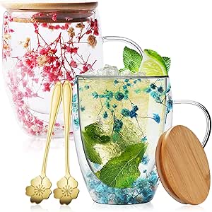 PORFOYO Tazas De Café De Vidrio De Flores Secas,Juego De 2 350 ML Vaso Doble Pard Con Cuchara,Tapa,Vasos Dobe Pared Transparente,Taza De Café De Doble Pared Para Té,Café Helado,Leche,Cerveza