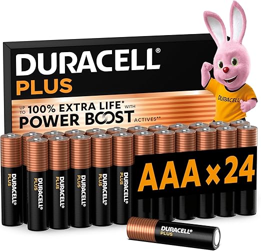 DURACELL Plus Pilas AAA (Paquete de 24) – Pilas alcalinas 1,5 V–Hasta un 150 % de duración extra con activos POWER BOOST–Fiabilidad para dispositivos cotidianos–Envase con 0 % de plástico-LR03 MN2400