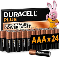 DURACELL Plus Pilas AAA (Paquete de 24) – Pilas alcalinas 1,5 V–Hasta un 150 % de duración extra con activos POWER BOOST–Fiabilidad para dispositivos cotidianos–Envase con 0 % de plástico-LR03 MN2400