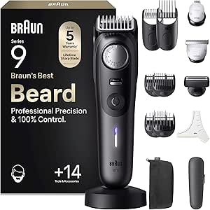 Braun Recortadora De Barba Series 9 BT9565, Barbero Recargable Resistente Al Agua, +14 Accesorios Para Barba, 180 Min De Autonomía, 52 Longitudes, Lámina Ultra Afilada, Titanio