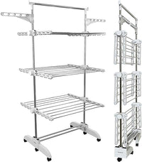 PORTENTUM Tendedero Vertical Plegable 14 cm – 5 Niveles y 58 Ganchos para Perchas – hasta 40 kg – Tenderete 24 Barras de Secado de Acero Inoxidable – Interior y Exterior – Ruedas giratorias con Freno
