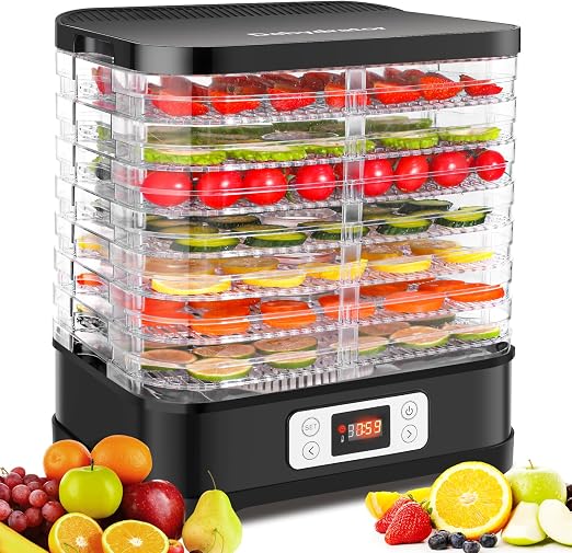 Deshidratador de acero inoxidable 400 W, deshidratador para frutas, carne y hierbas, incluye 8 capas de secado, láminas de deshidratación, deshidratador con regulador de temperatura de 35 – 70 °C