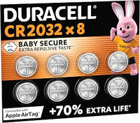 Duracell Batterie a moneta al litio 3V CR2032 (8 pz.) - Fino a +70% di durata - Tecnologia Baby Secure - Per Apple AirTag, chiavi auto, dispositivi domestici, sportivi e medici - A prova di bimbo