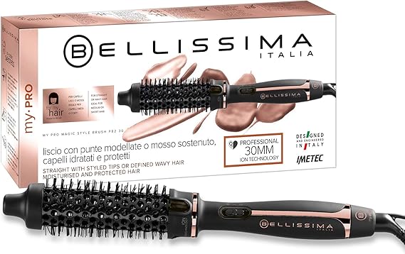 Bellissima Imetec Cepillo Térmico My Pro Magic Style Brush P2 30, cabello liso de efecto natural u ondulado duradero, 30 mm de diámetro, tecnología de iones, revestimiento cerámico, multivoltaje