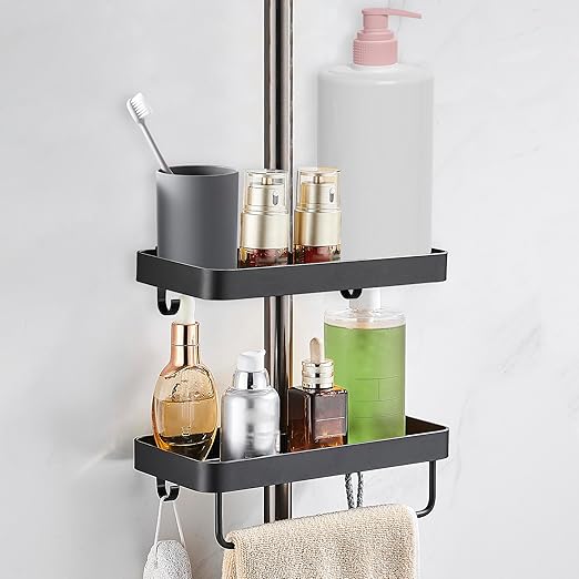 GERUIKE Estante Ducha para Barra de Ducha Sin Taladro Estanteria Baño con Toallero Estantes Cesta para Ducha Negro Mate Organizador Accesorios Baño para Φ 18-25 mm Riel de Ducha, 2 Piezas