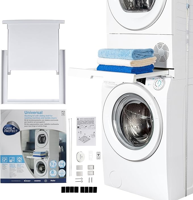 C+P Kit de Unión Universal con Estante Deslizable para Lavadoras y Secadoras, Apto para Lavadoras con Profundidad de 47-62 cm, Fácil de Instalar, Blanco, Lavadoras con Panel Recto
