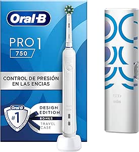 Oral-B Pro 1 750 Cepillo de Dientes Eléctrico 1 Cabezal y Estuche de Viaje, Diseñado Por Braun - Blanco, Regalos Originales