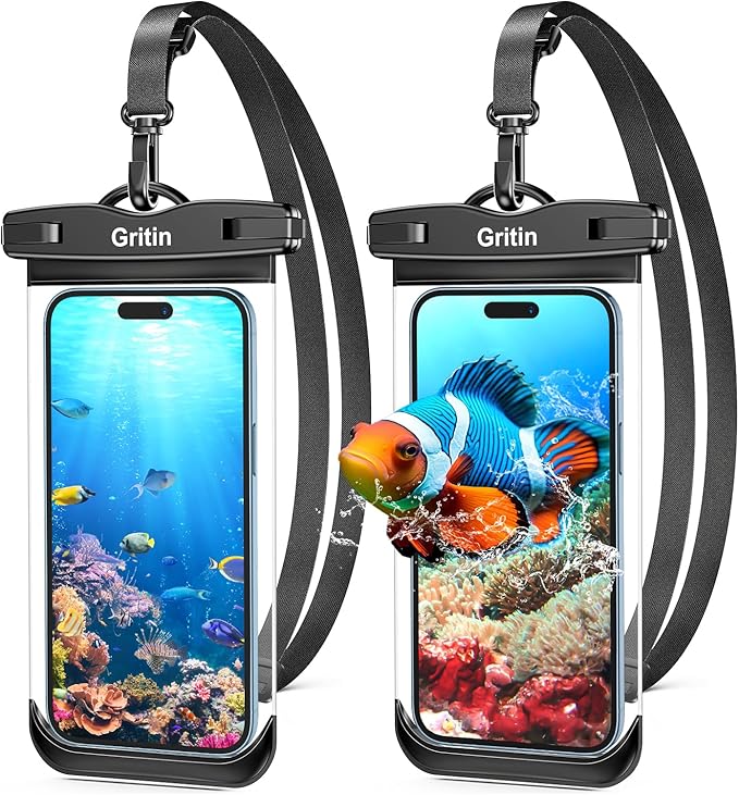 Gritin Funda Impermeable Móvil, 2 Unidades IPX8 Universal Bolsa para Móvil Agua con Cuerda Ajustable - Alta Sensibilidad Funda Acuatica Movil para Todos los Celular hasta 7.2"